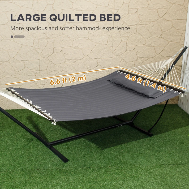 Outsunny 2 Person Hammock Quilted Double Hammock with Stand Pillow Spreader Bars for Outdoor Camping Beach, Dark Grey