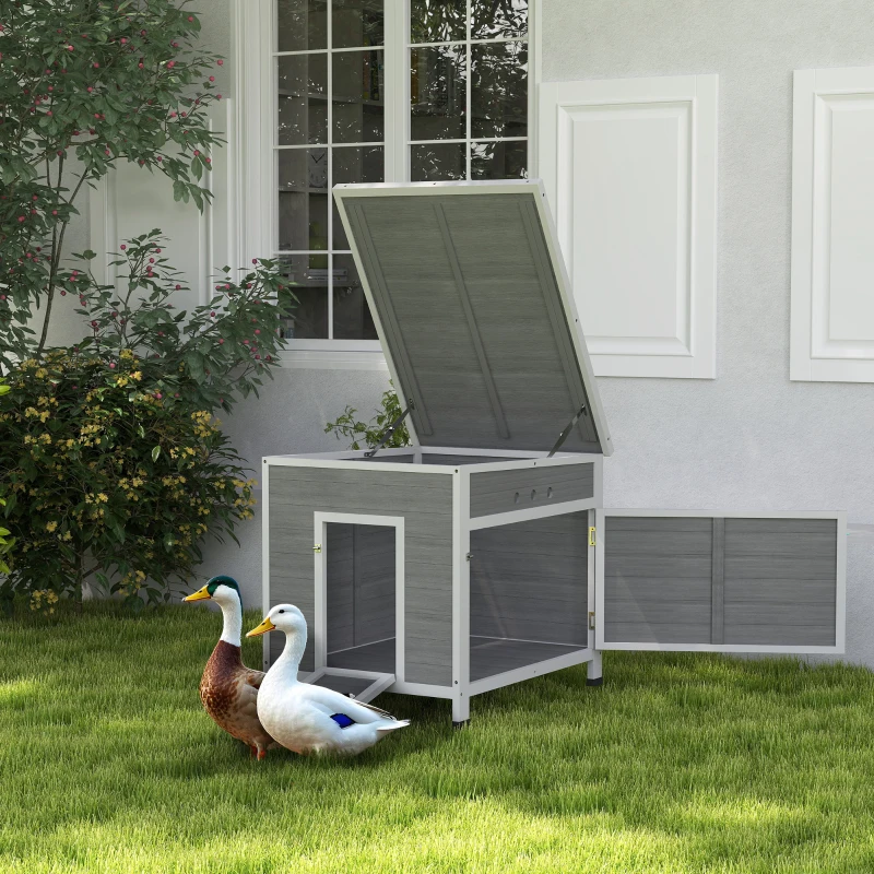 PawHut Wooden Duck Coop with Openable Roof, Removable Floor, Double Doors, Ramp, for 2-4 Ducks, Chickens, 25" x 32" x 30"