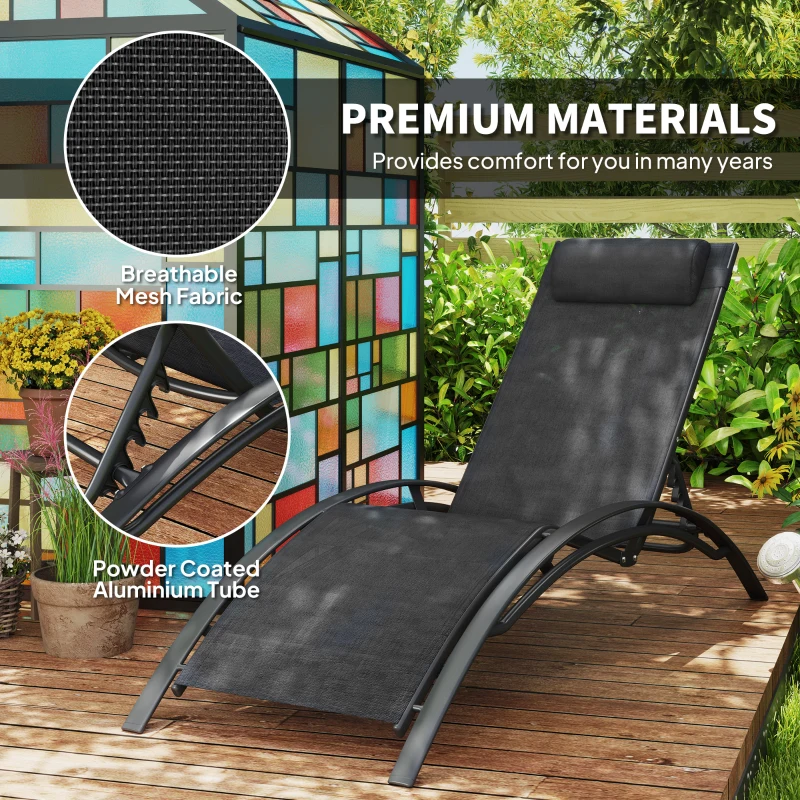 Outsunny Patio Lounge Chair, Aluminum Reclining Outdoor Tanning Chair with 5-Level Adjustable Backrest, Head Pillow and Breathable Mesh Fabric, for Pool, Deck, Garden, Black