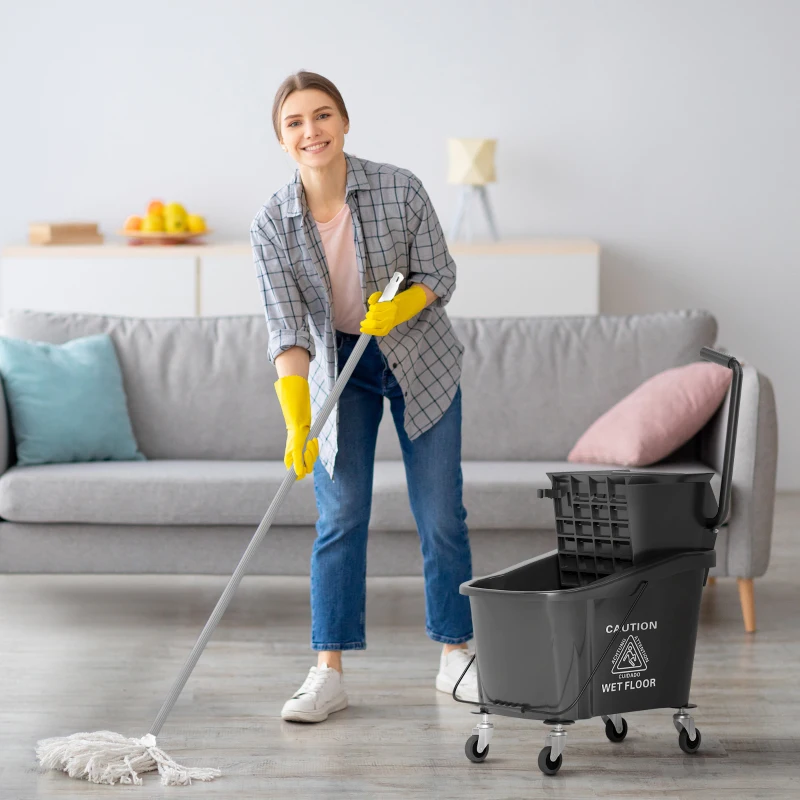 HOMCOM Mop Bucket with Wringer on Wheels for Floor Cleaning, 38 Quart Down Press Wringer with Handle, Black