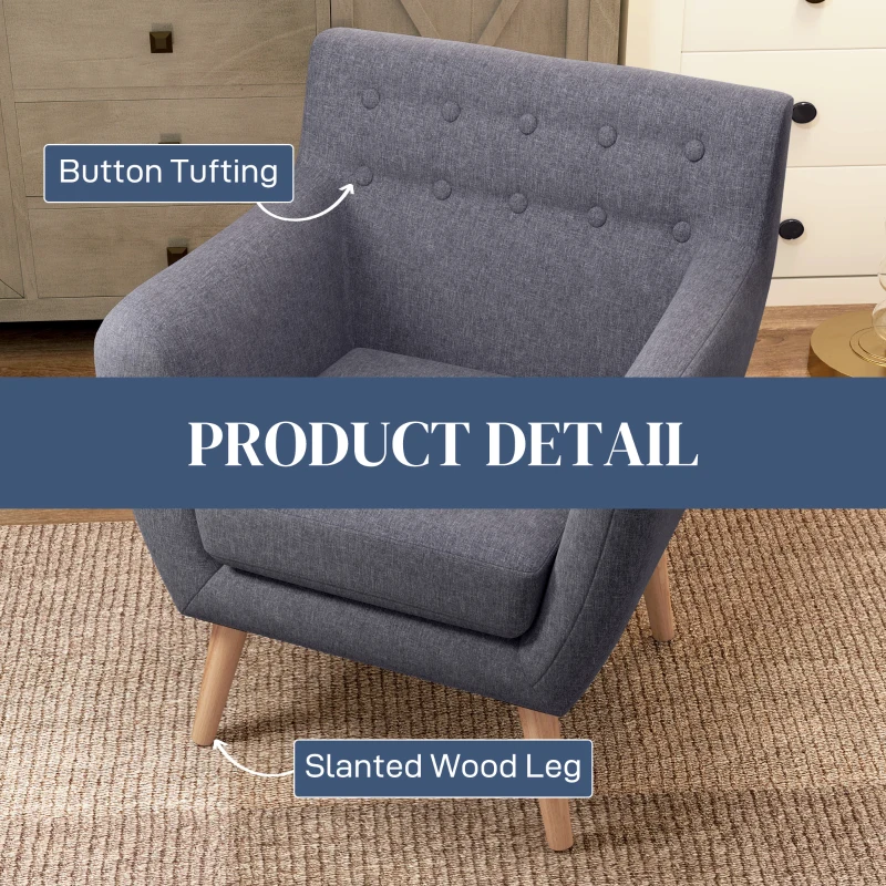 HOMCOM Linen Upholstery Armchair, Mid-Century Modern Accent Chair with Wood Frame and Thick Padding, Light Grey