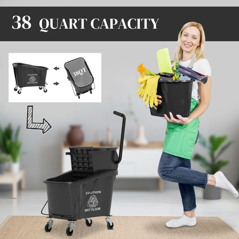 HOMCOM Mop Bucket with Wringer on Wheels for Floor Cleaning, 38 Quart Down Press Wringer with Handle, Black