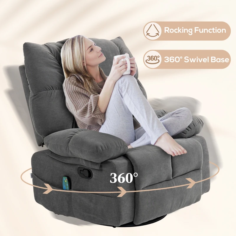 HOMCOM Reclining Massage Armchair with Heat, Oversized Swivel Rocker with Footrest Remote and 4 Side Pockets, Dark Gray