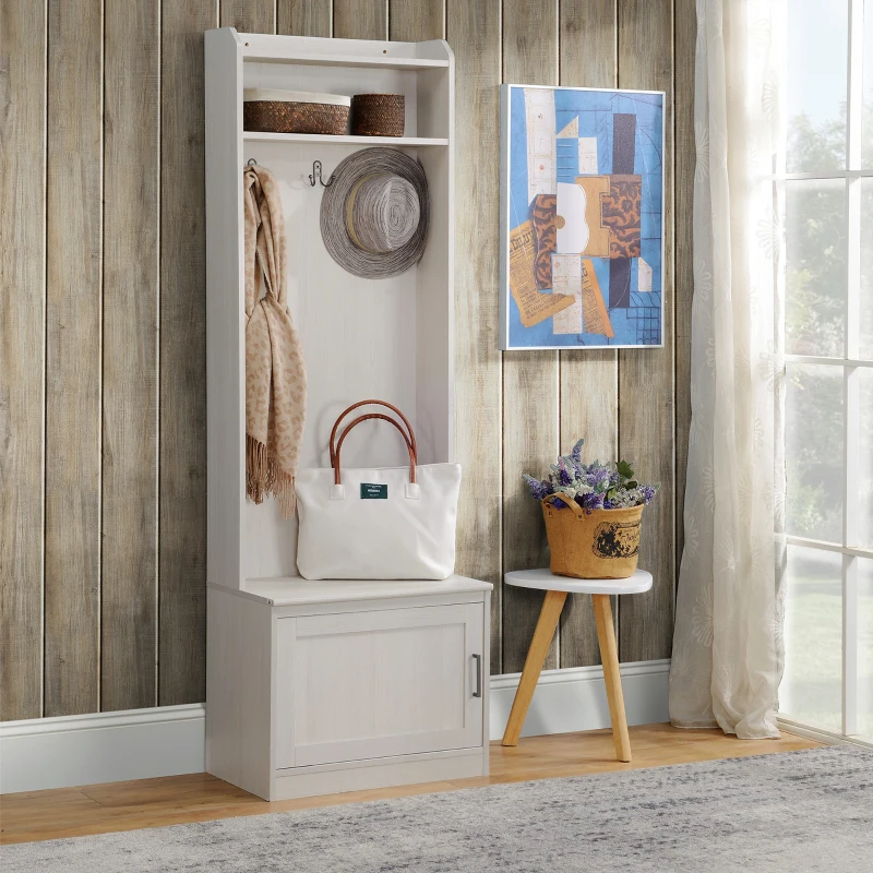 HOMCOM Narrow Hall Tree with Shoe Storage Bench, Rustic Entryway Bench with Coat Rack, Accent Coat Tree with Storage Shelves for Hallway, Mudroom, White Wood Grain
