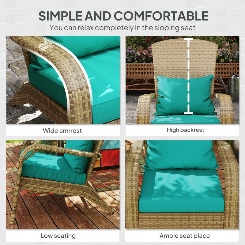 Outsunny Patio Adirondack Chair with Rattan Wicker, Soft Cushions, Tall Curved Backrest for Deck or Garden, Sky Blue
