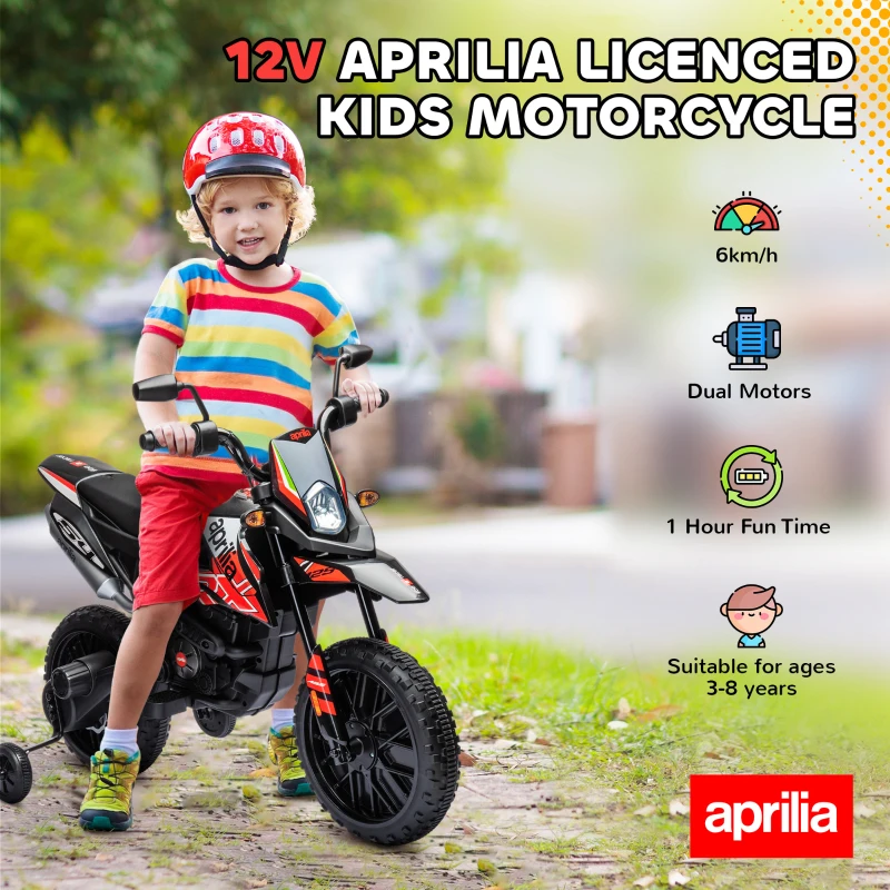 Qaba 12V Aprilia Licenced Kids Motorcycle with Training Wheels, Spring Suspension, LED Light, USB, Music, Red