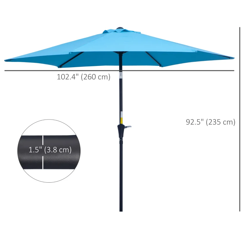 Outsunny 8.5' Round Aluminum Patio Umbrella Garden Parasol Market Sunshade Tilt Canopy w/ 6 Ribs, Crank Handle, Blue