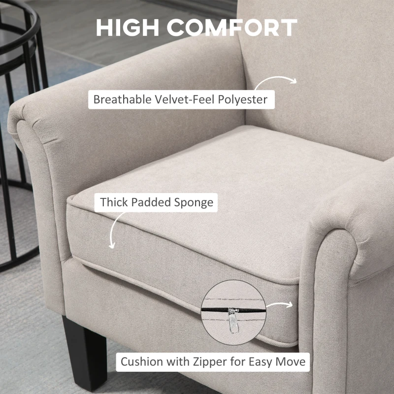 HOMCOM Upholstered Accent Chair, Single Armchair with Soft Velvet Touch Fabric, Rolled Armrest, Grey