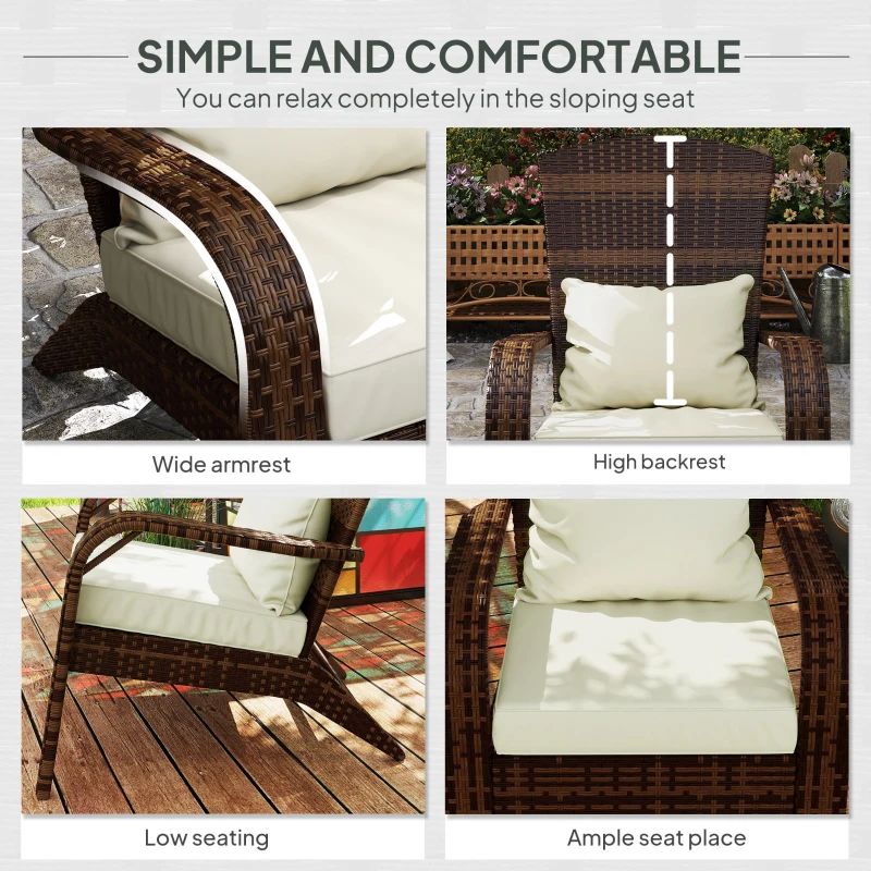 Outsunny Patio Adirondack Chair with Rattan Wicker, Soft Cushions, Tall Curved Backrest for Deck or Garden, Cream White