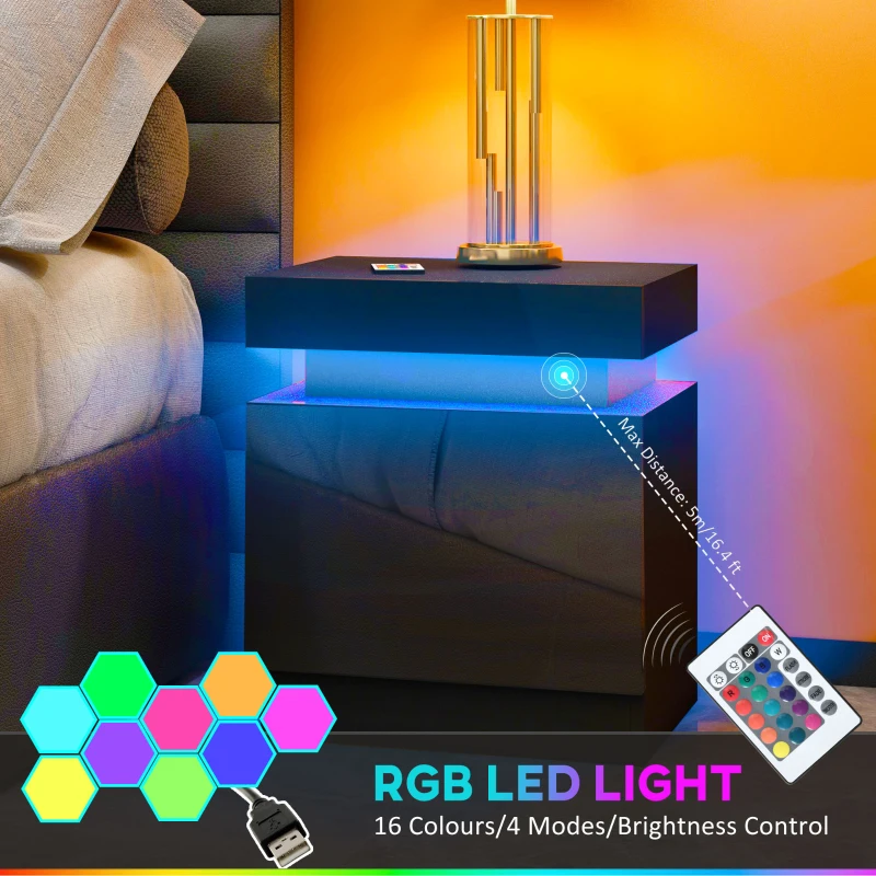 HOMCOM Nightstand, Bedside Table with LED Lights and 2 Drawers for Bedroom, Living Room, Black