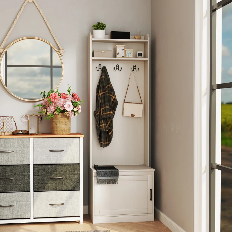 HOMCOM Narrow Hall Tree with Shoe Storage Bench, Rustic Entryway Bench with Coat Rack, Accent Coat Tree with Storage Shelves for Hallway, Mudroom, White Wood Grain
