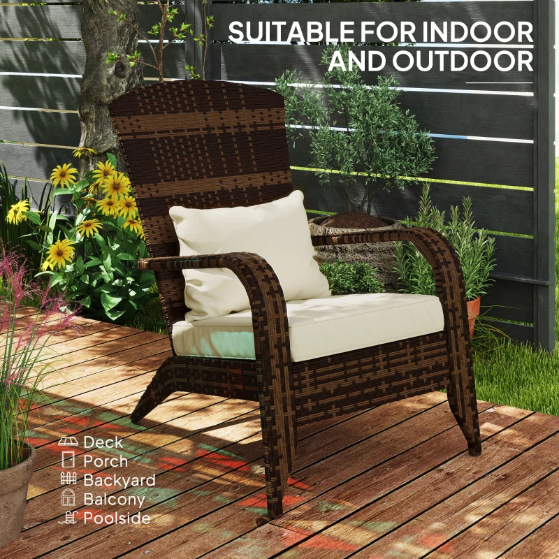 Outsunny Patio Adirondack Chair with Rattan Wicker, Soft Cushions, Tall Curved Backrest for Deck or Garden, Cream White