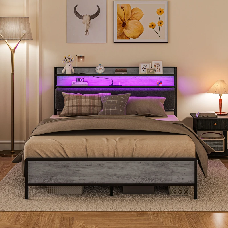 HOMCOM Queen Size Bed Frame with Storage Upholstered Headboard, Queen Bed Frame with LED Lights, Charging Station, Cement Gray