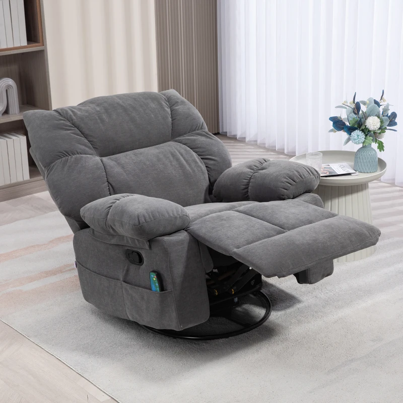 HOMCOM Reclining Massage Armchair with Heat, Oversized Swivel Rocker with Footrest Remote and 4 Side Pockets, Dark Gray