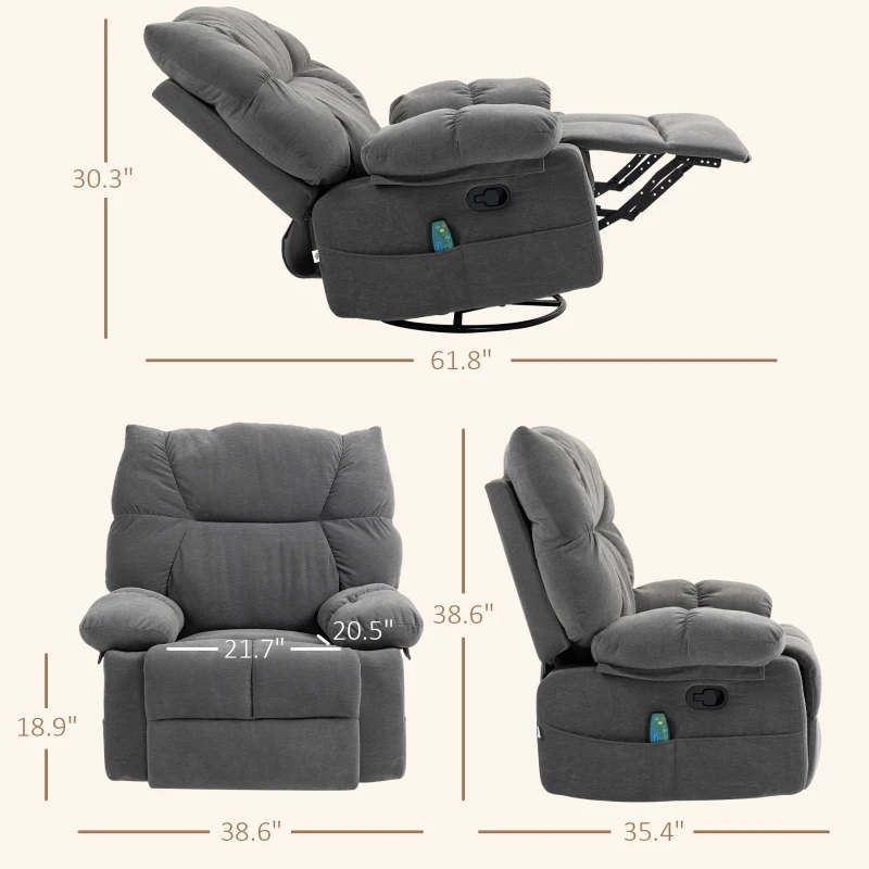 HOMCOM Reclining Massage Armchair with Heat, Oversized Swivel Rocker with Footrest Remote and 4 Side Pockets, Dark Gray