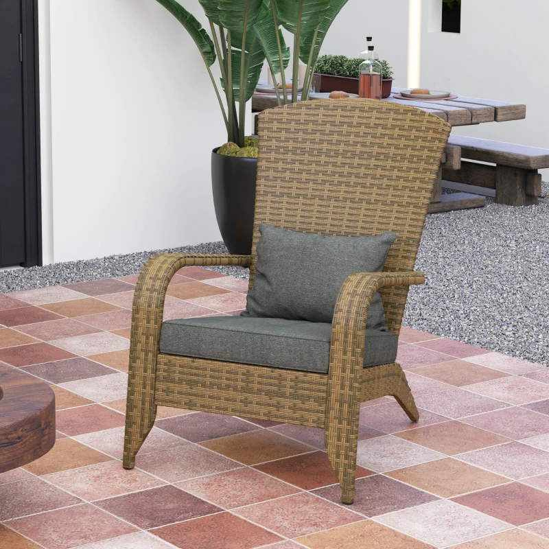 Outsunny Patio Adirondack Chair with Rattan Wicker, Soft Cushions, Tall Curved Backrest for Deck or Garden, Charcoal Gray