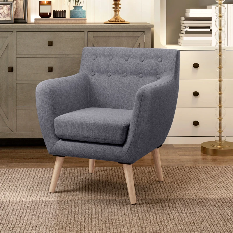 HOMCOM Linen Upholstery Armchair, Mid-Century Modern Accent Chair with Wood Frame and Thick Padding, Light Grey