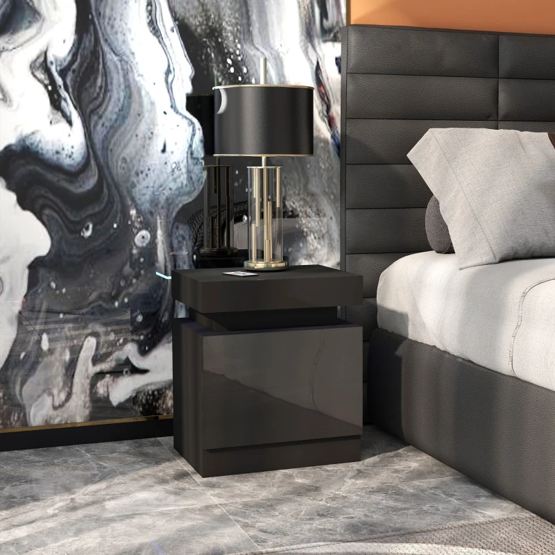 HOMCOM Nightstand, Bedside Table with LED Lights and 2 Drawers for Bedroom, Living Room, Black