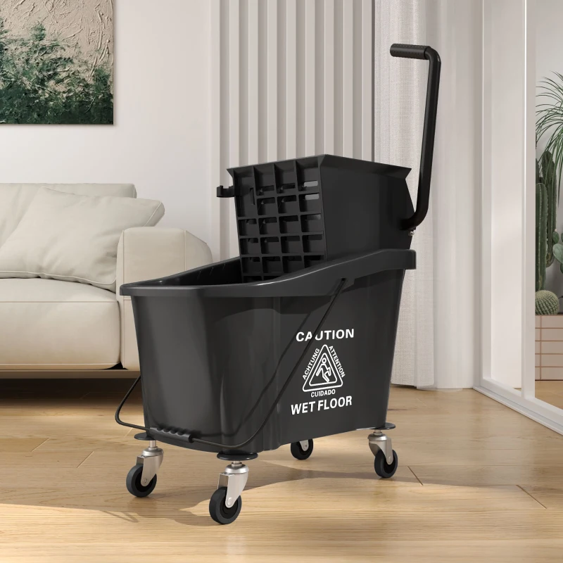 HOMCOM Mop Bucket with Wringer on Wheels for Floor Cleaning, 38 Quart Down Press Wringer with Handle, Black