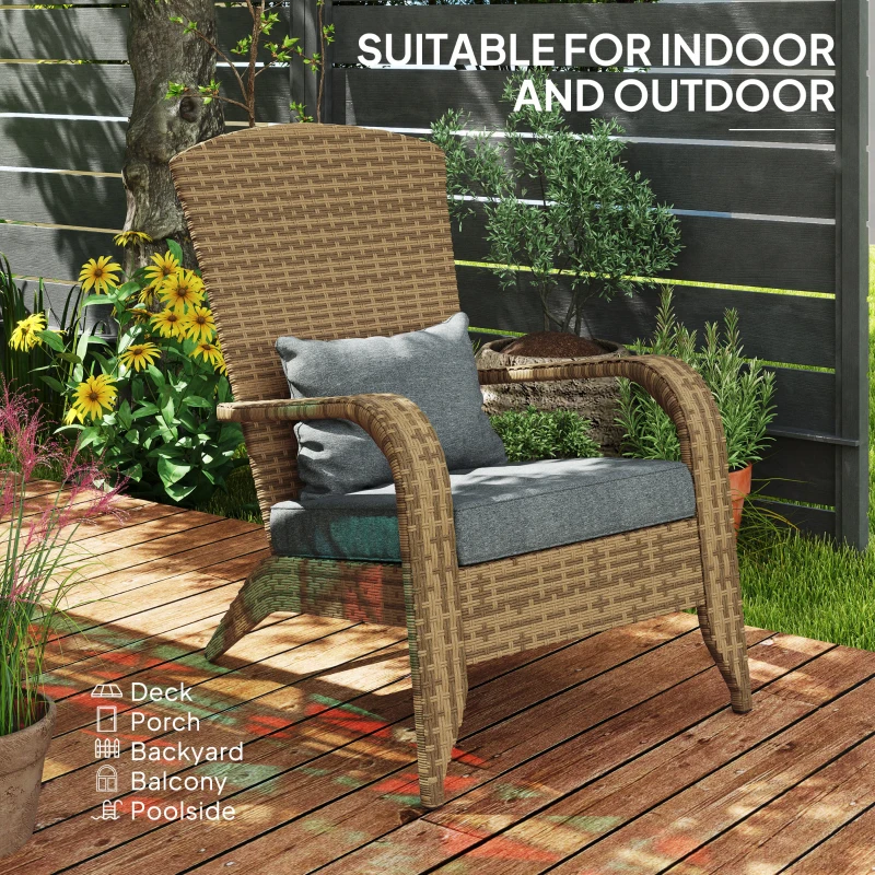 Outsunny Patio Adirondack Chair with Rattan Wicker, Soft Cushions, Tall Curved Backrest for Deck or Garden, Charcoal Gray