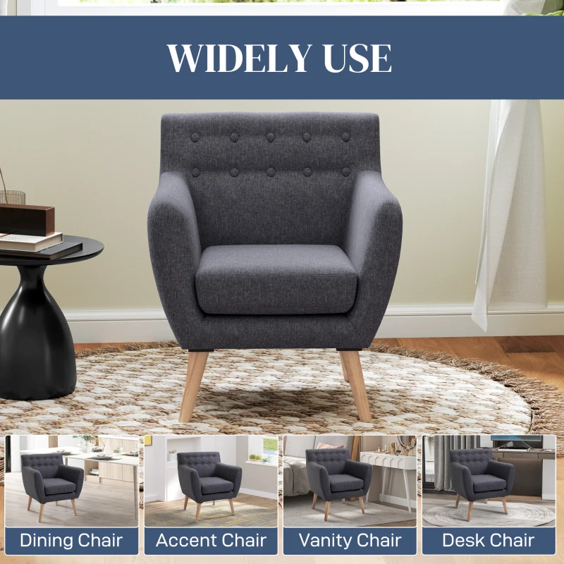 HOMCOM Linen Upholstery Armchair, Mid-Century Modern Accent Chair with Wood Frame and Thick Padding, Dark Grey