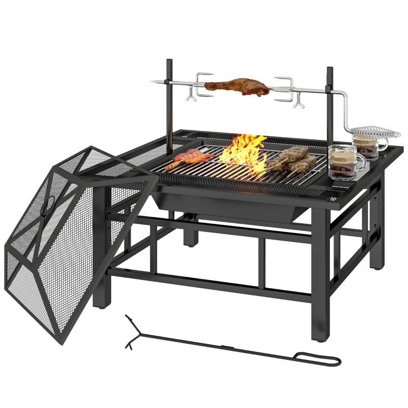 Outsunny 2-in-1 Outdoor Fire Pit Firepit with BBQ Grill Grate, Wood Fire Pit with Adjustable Foot Pads, Outer Ledge, Poker, Mesh Lid for Backyard Bonfire Picnic, Black