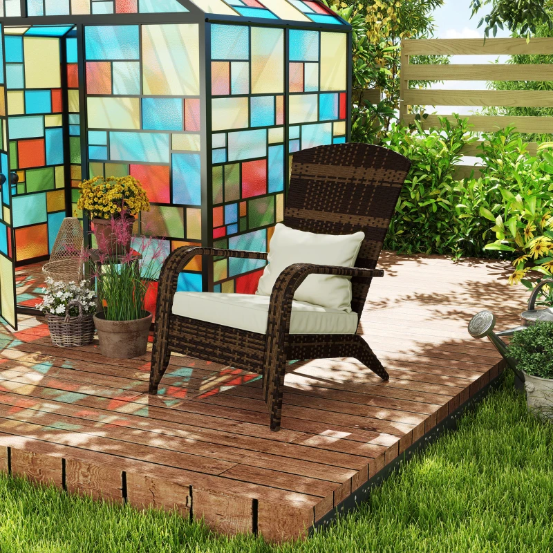 Outsunny Patio Adirondack Chair with Rattan Wicker, Soft Cushions, Tall Curved Backrest for Deck or Garden, Cream White