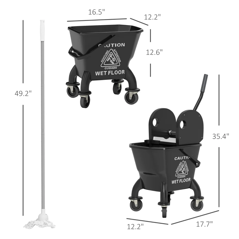 HOMCOM Mop Bucket with Wringer on Wheels for Floor Cleaning, 27.5 Quart Down Press Wringer with Handle and Mop, Black