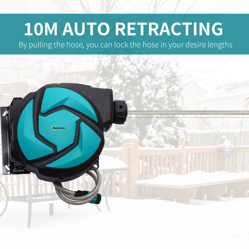 Outsunny Hose Reel, 33 ft Retractable Garden Hose, Hose Reel Wall Mounted, Water Hose Reel Automatic Rewind, Dark Grey