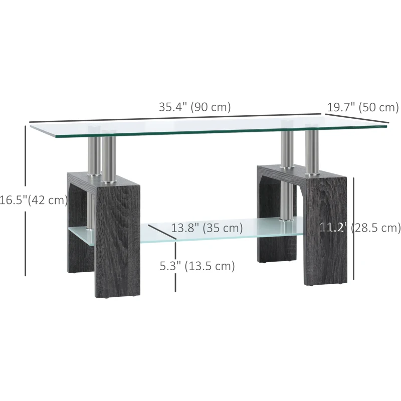HOMCOM Rectangle Glass Coffee Table, 2-Tier Center Table with Tempered Glass Top and Storage Shelf for Living Room, Grey