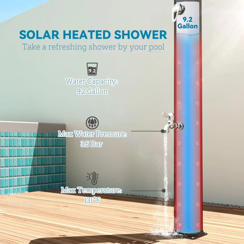 Outsunny 7.1FT Slolar Heated Outdoor Shower, 9.2 Gallon Outdoor Solar Shower for Backyard, Poolside, Beach, Spa