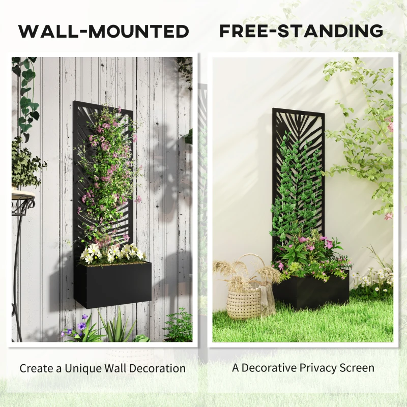 Outsunny Raised Garden Bed with Outdoor Privacy Screen, Metal Planter Box with Trellis, Wall-Mounted or Freestanding, Black