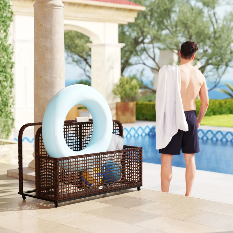 Outsunny Pool Float Storage, Pool Caddy, with Wheels, 43.25" L x 22.5" W x 28" H, Brown