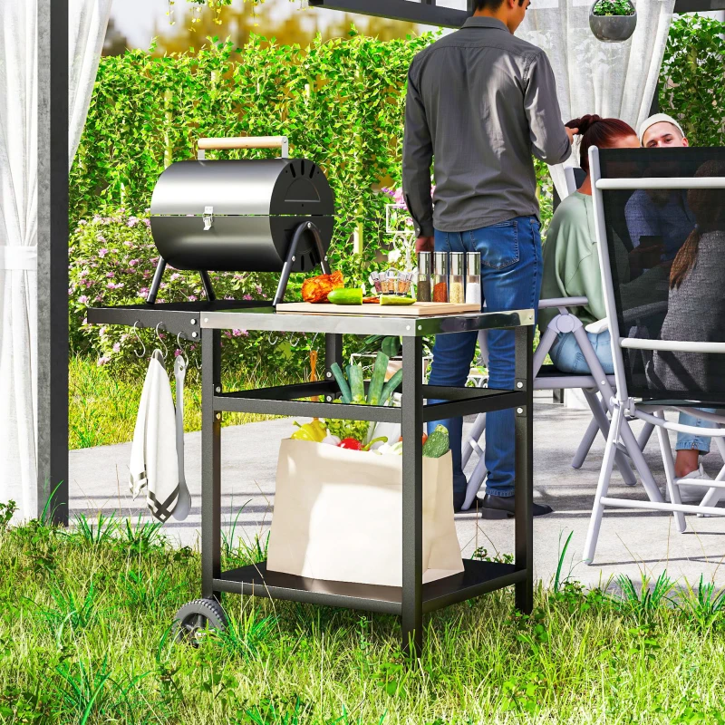 Outsunny Outdoor Grill Dining Cart with Stainless Steel Top and Foldable Side Table, BBQ Movable Pizza Oven Stand Food Prep Table Trolley with Hooks Shelf Cover, Black