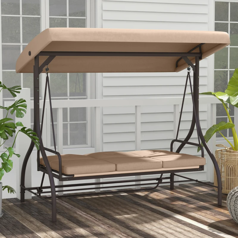 Outsunny Convertible Patio Swing Bed with Canopy and Cushions, 3 Seater Porch Swing for Outdoor, Backyard, Garden, Khaki