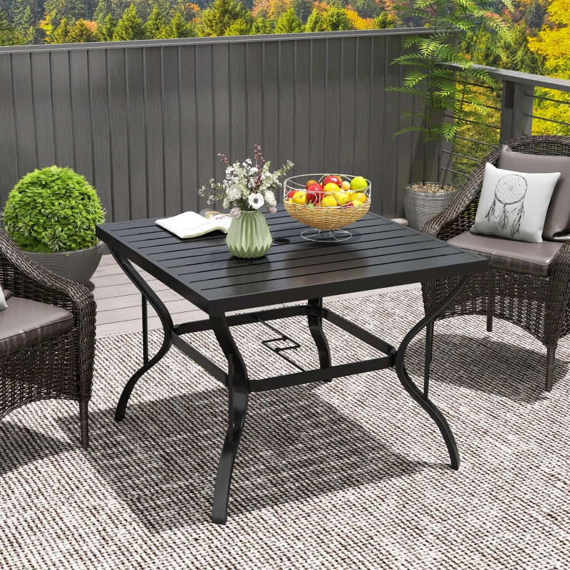 Outsunny 37" Square Outdoor Dining Table, Galvanized Steel Patio Table with 2" Umbrella Hole, Slatted Metal Top, Black