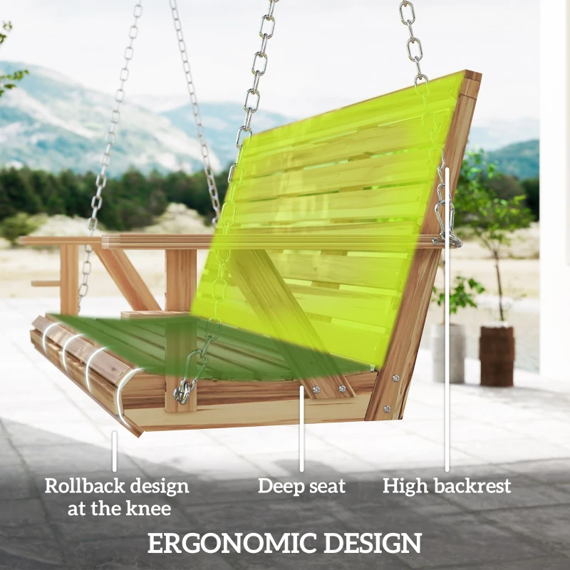 Outsunny 3-Seater Swing Bench, Wooden Porch Swing with Cupholders, Hanging Chains for Patio Garden, Nature Wood