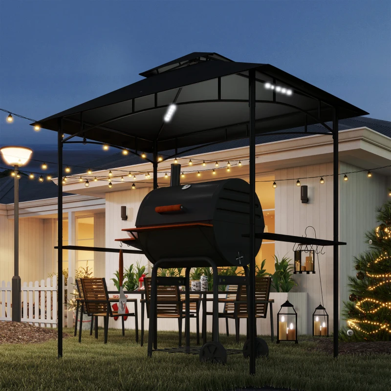 Outsunny 8' x 5' Outdoor Grill Gazebo, Double Tiered Barbecue Grill Gazebo Shelter with 2 Side Shelves, Hooks, Dark Grey