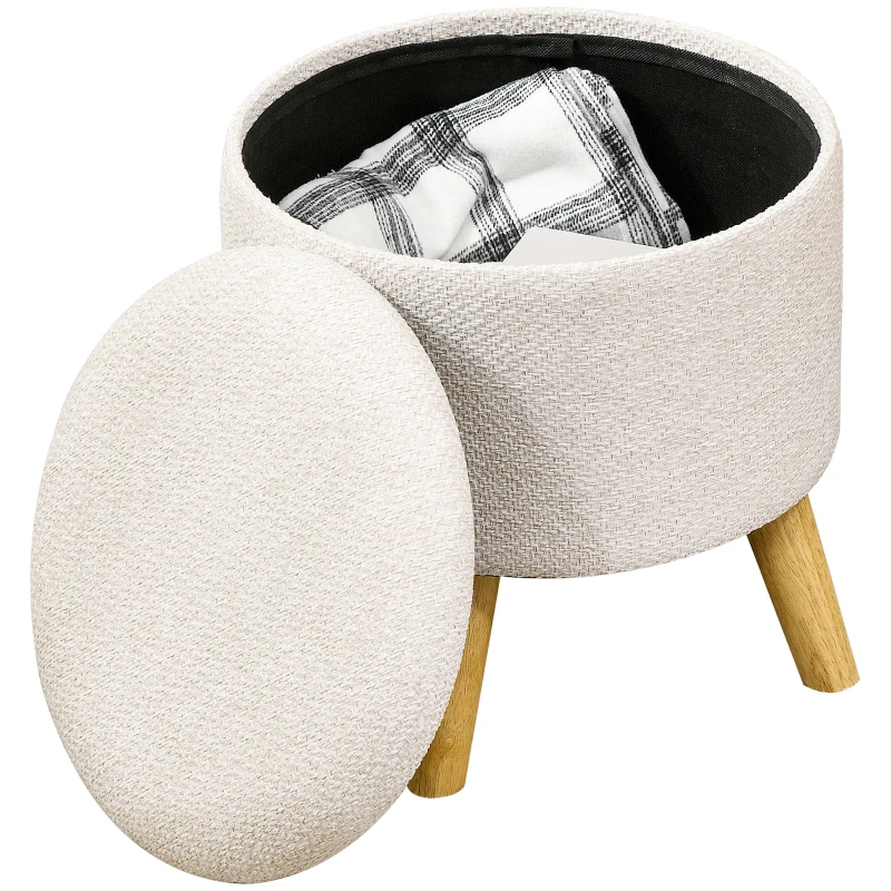 HOMCOM Round Ottoman Stool with Storage, Linen Fabric Upholstered Foot Stool with Padded Seat, Hidden Space and Wood Legs