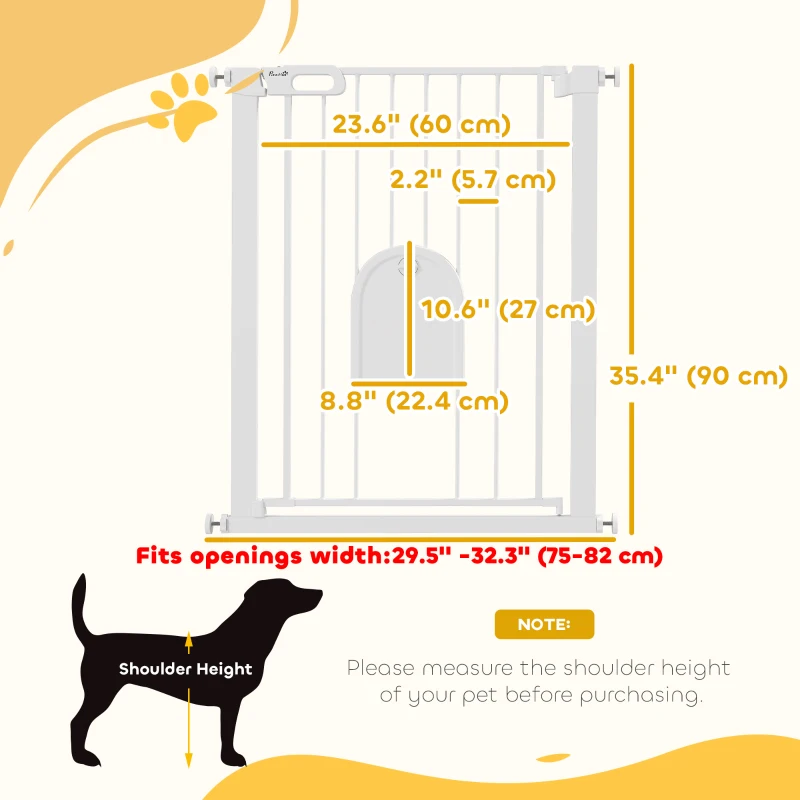 PawHut 30"-32" Extra Wide Pet Gate Barrier with Small Door, 35"H Dog Gate with Safety Gate Barrier, Stair Pressure Fit, White