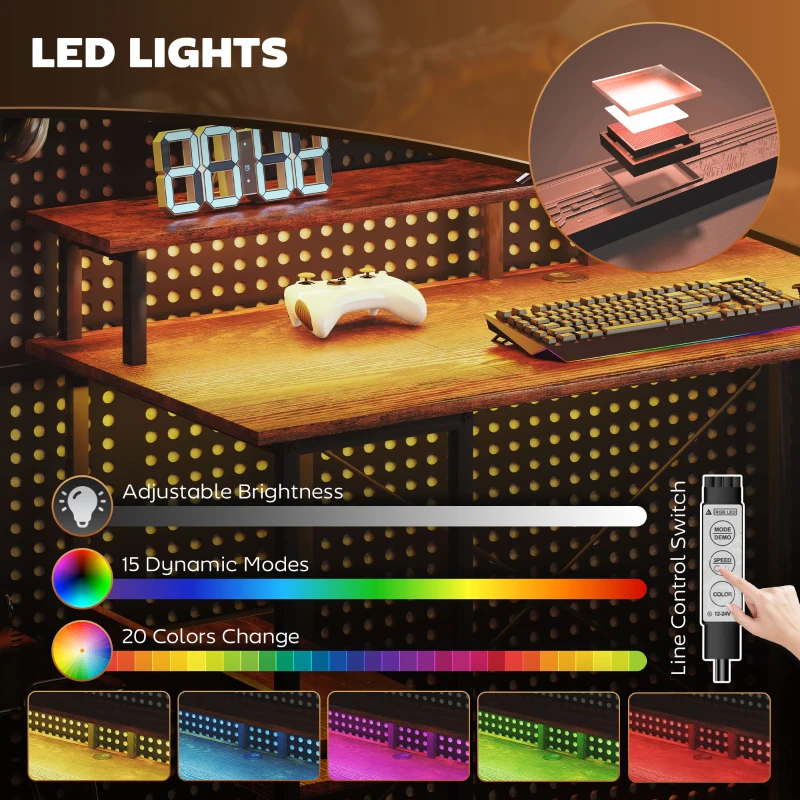 HOMCOM Computer Desk with Storage, 47" Reversible Computer Table with Power Outlets and LED Lights, Rustic Brown