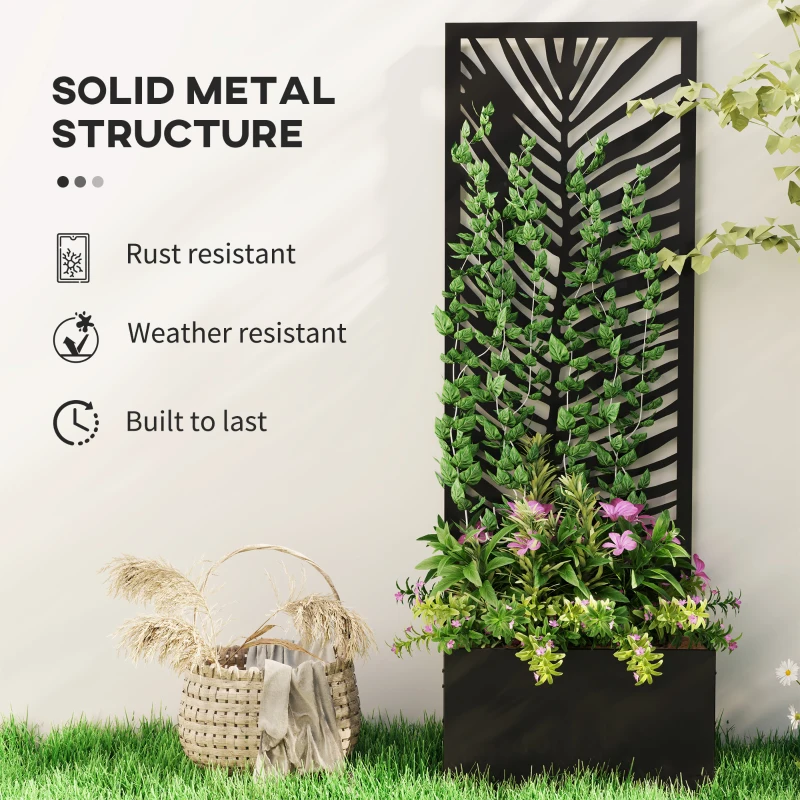 Outsunny Raised Garden Bed with Outdoor Privacy Screen, Metal Planter Box with Trellis, Wall-Mounted or Freestanding, Black