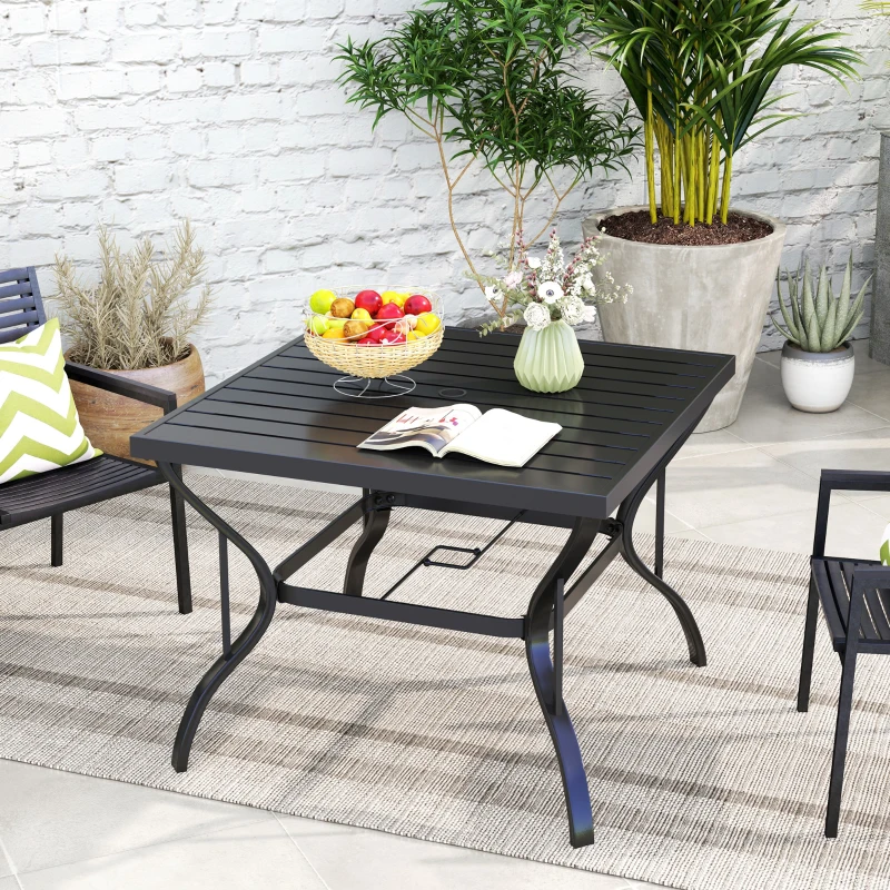 Outsunny 37" Square Outdoor Dining Table, Galvanized Steel Patio Table with 2" Umbrella Hole, Slatted Metal Top, Black