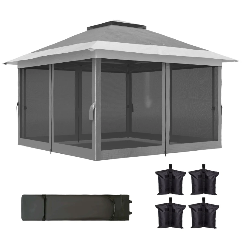 Outsunny 11.7' x 11.7' Pop Up Canopy Tent with Netting, UPF50+ Instant Sun Shelter with Wheeled Carry Bag and Sand Bags