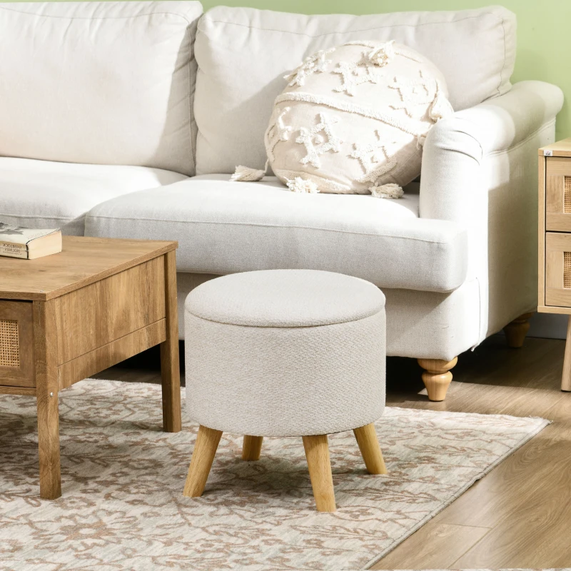 HOMCOM Round Ottoman Stool with Storage, Linen Fabric Upholstered Foot Stool with Padded Seat, Hidden Space and Wood Legs