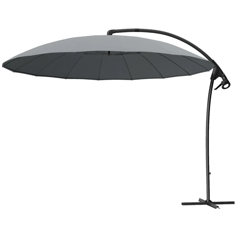 Outsunny 9FT Cantilever Umbrella with 16 Fibreglass Ribs, Offset Hanging Umbrella, Patio Umbrella with Crank and Cross Base, Grey