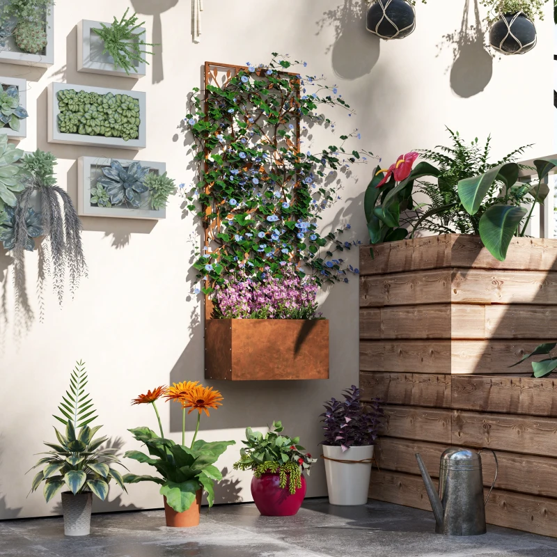 Outsunny Raised Garden Bed with Outdoor Privacy Screen, Metal Planter Box with Trellis, Wall-Mounted or Freestanding, Brown