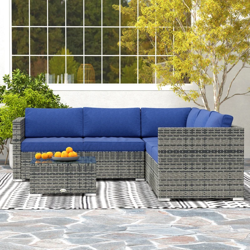 Outsunny 4 Pieces Rattan Wicker Outdoor Conversation Furniture Set w/ Corner Sofa Loveseats Coffee Table Cushions, Navy Blue