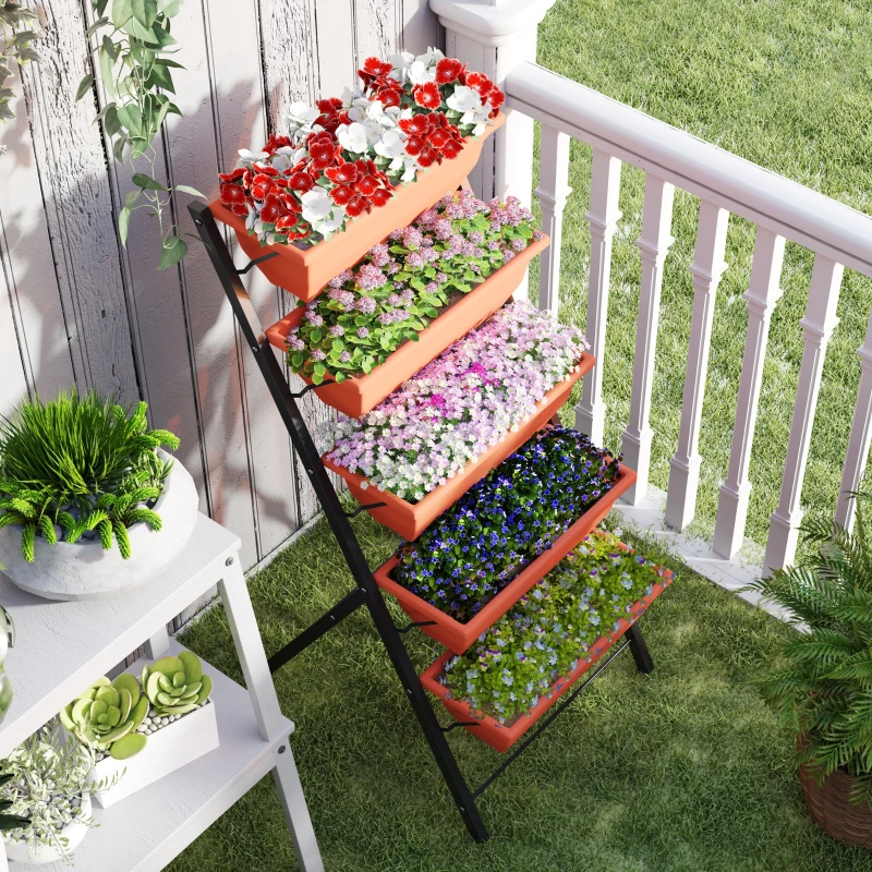 Outsunny 5-Tier Raised Garden Bed Plant Stand Flower Pots with Leaking Holes Red