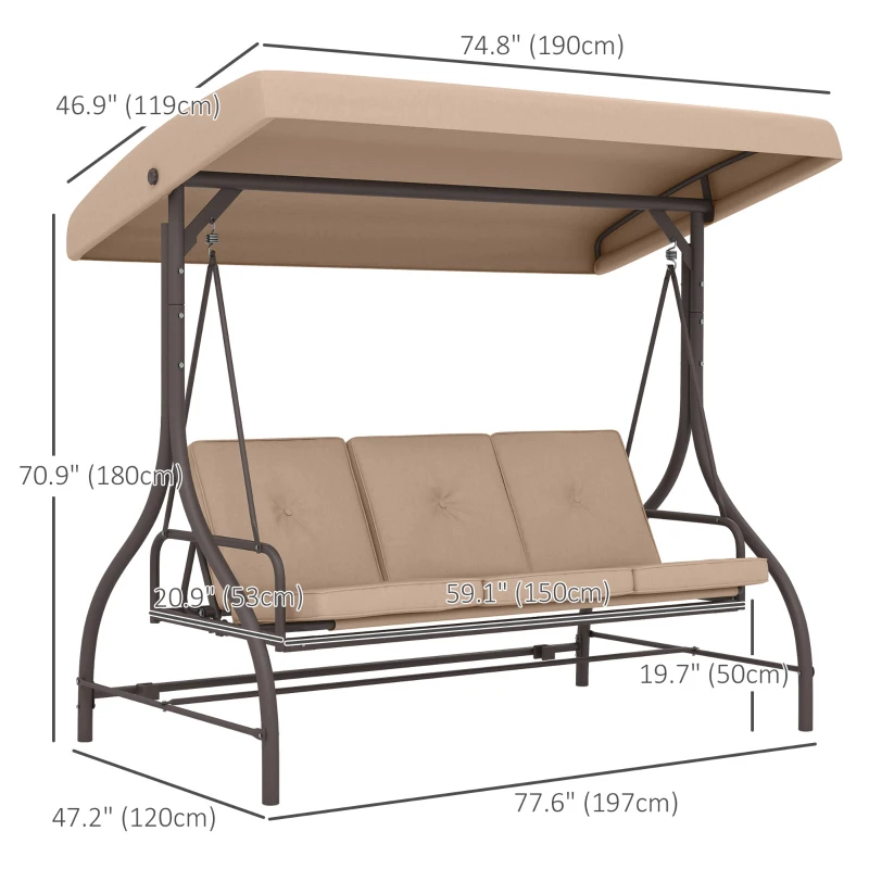 Outsunny Convertible Patio Swing Bed with Canopy and Cushions, 3 Seater Porch Swing for Outdoor, Backyard, Garden, Khaki